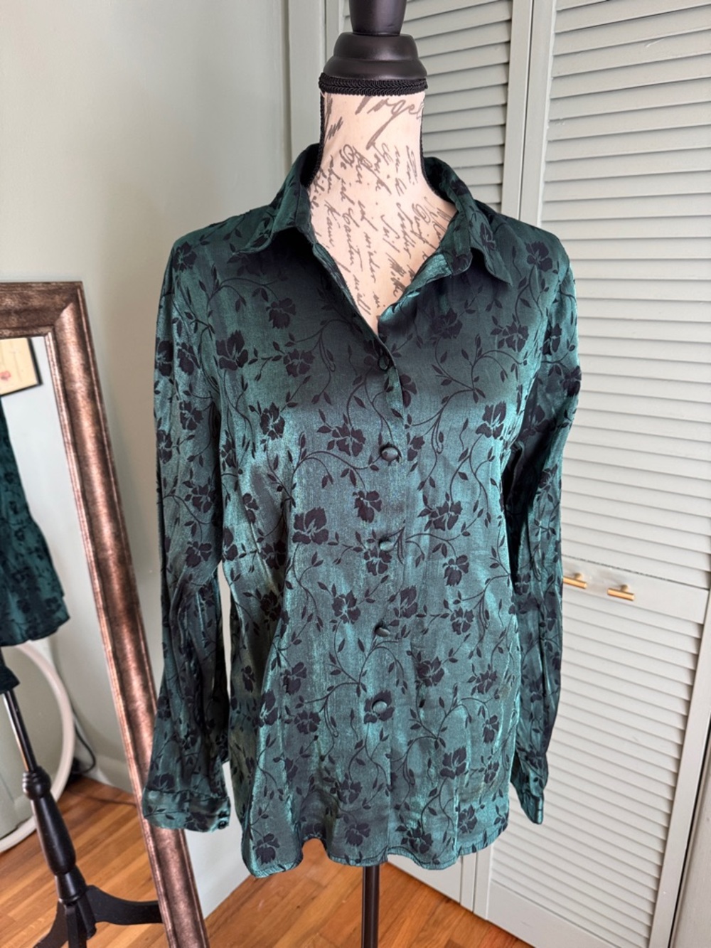 Green Floral Satin Button-Down Blouse